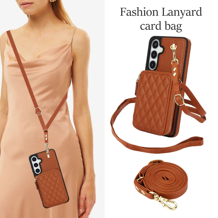 For Samsung Galaxy S24+ / S25+ 5G AwQuer Crossbody Zipper Wallet Rhombic Leather Back Phone Case(Brown)
