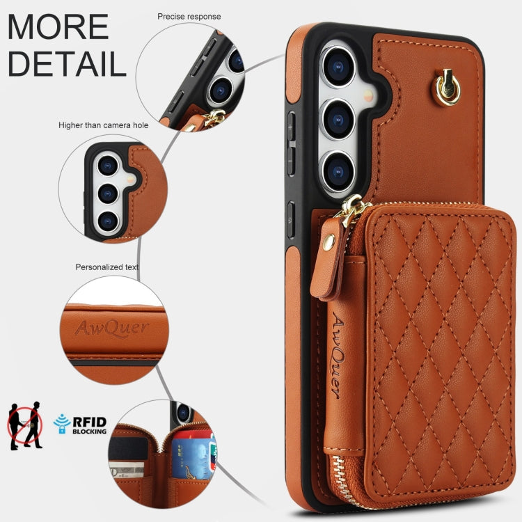 For Samsung Galaxy S24+ / S25+ 5G AwQuer Crossbody Zipper Wallet Rhombic Leather Back Phone Case(Brown)