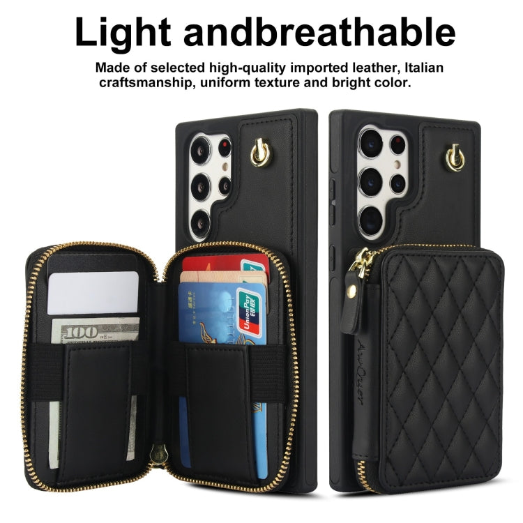 For Samsung Galaxy S24 Ultra 5G AwQuer Crossbody Zipper Wallet Rhombic Leather Back Phone Case(Black)