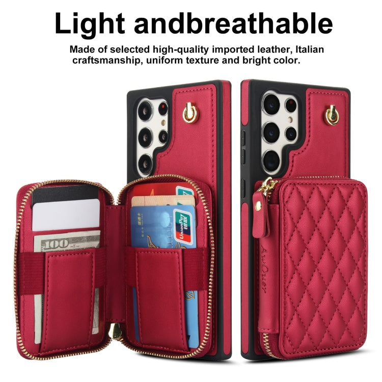 For Samsung Galaxy S24 Ultra 5G AwQuer Crossbody Zipper Wallet Rhombic Leather Back Phone Case(Red)