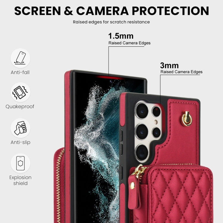 For Samsung Galaxy S24 Ultra 5G AwQuer Crossbody Zipper Wallet Rhombic Leather Back Phone Case(Red)
