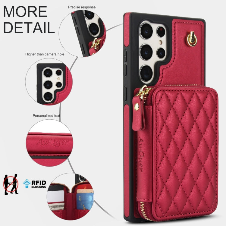 For Samsung Galaxy S24 Ultra 5G AwQuer Crossbody Zipper Wallet Rhombic Leather Back Phone Case(Red)
