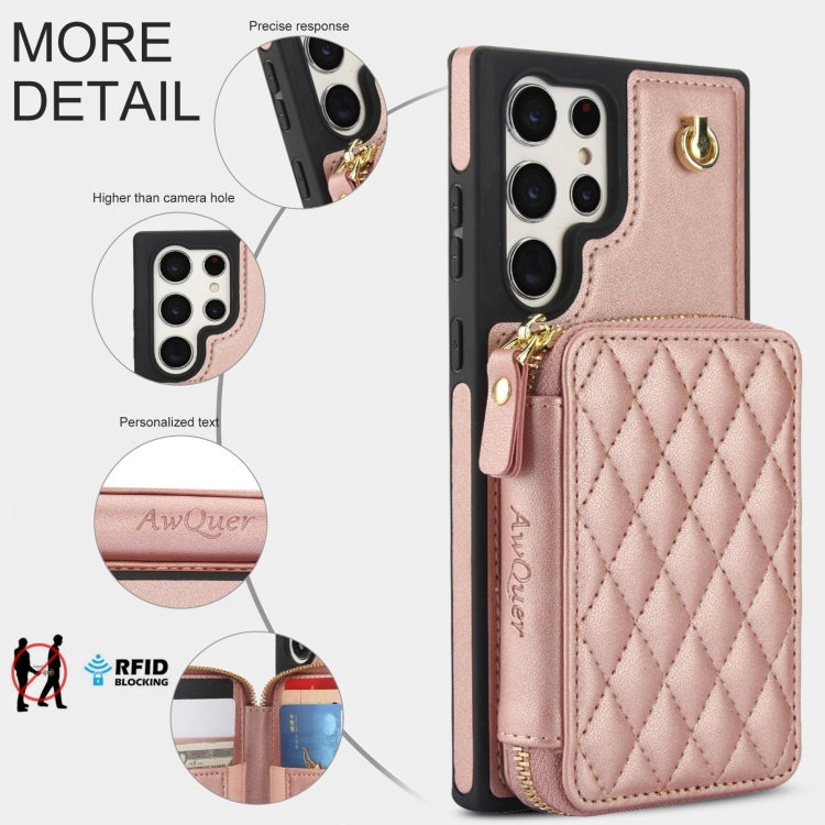 For Samsung Galaxy S24 Ultra 5G AwQuer Crossbody Zipper Wallet Rhombic Leather Back Phone Case(Rose Gold)