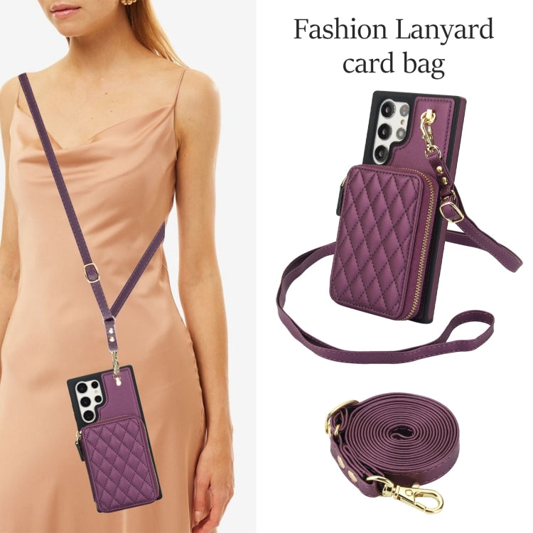 For Samsung Galaxy S24 Ultra 5G AwQuer Crossbody Zipper Wallet Rhombic Leather Back Phone Case(Dark Purple)