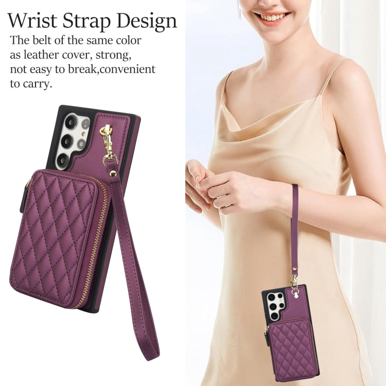 For Samsung Galaxy S24 Ultra 5G AwQuer Crossbody Zipper Wallet Rhombic Leather Back Phone Case(Dark Purple)