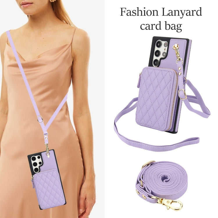 For Samsung Galaxy S24 Ultra 5G AwQuer Crossbody Zipper Wallet Rhombic Leather Back Phone Case(Purple)