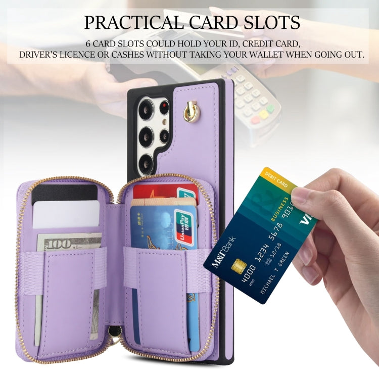 For Samsung Galaxy S24 Ultra 5G AwQuer Crossbody Zipper Wallet Rhombic Leather Back Phone Case(Purple)