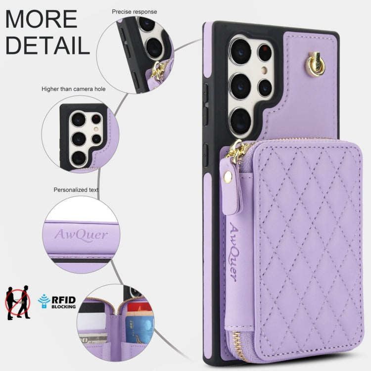 For Samsung Galaxy S24 Ultra 5G AwQuer Crossbody Zipper Wallet Rhombic Leather Back Phone Case(Purple)