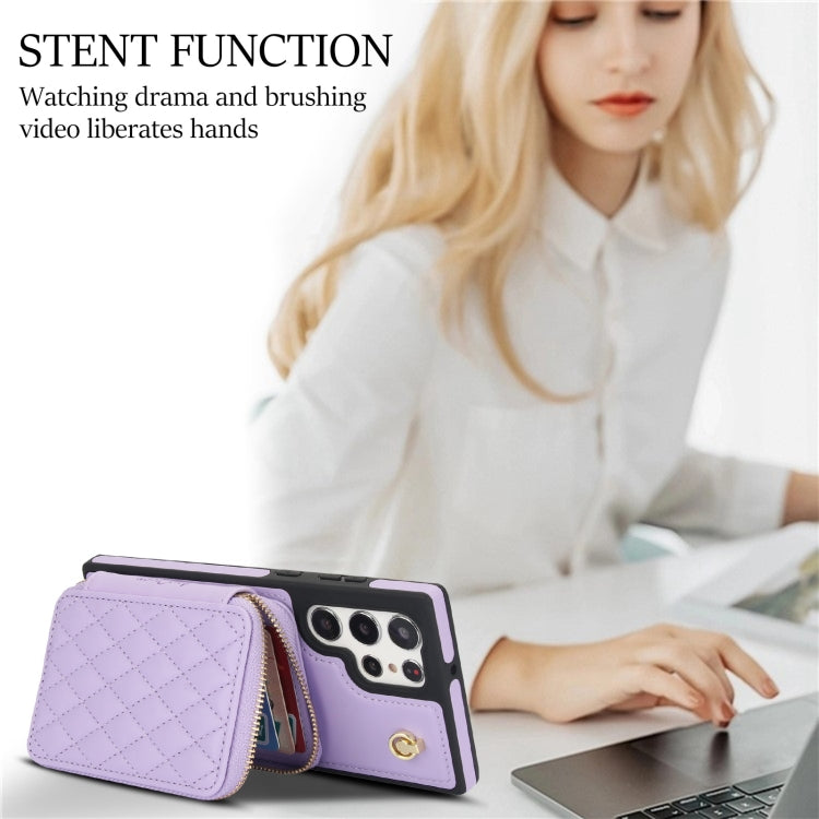 For Samsung Galaxy S24 Ultra 5G AwQuer Crossbody Zipper Wallet Rhombic Leather Back Phone Case(Purple)