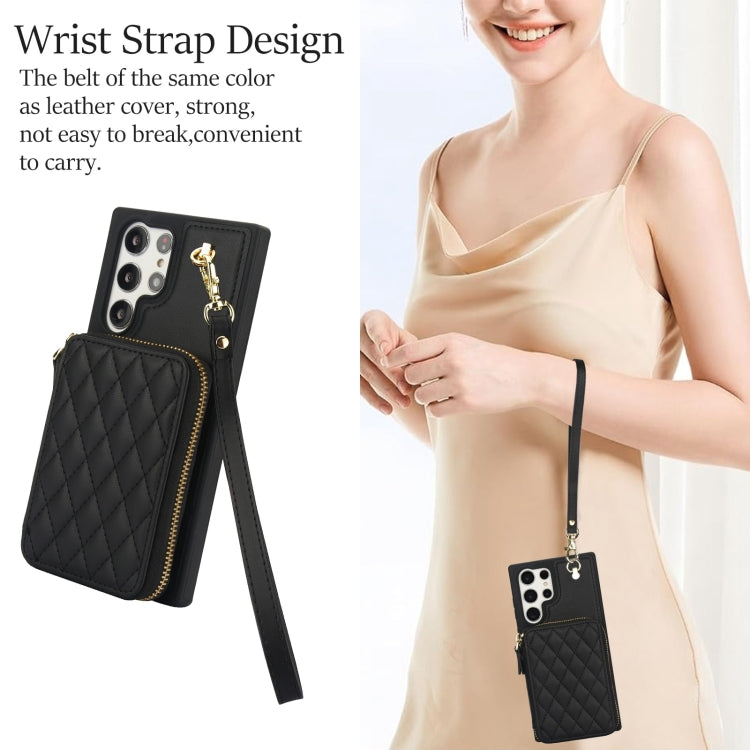 For Samsung Galaxy S23 Ultra 5G AwQuer Crossbody Zipper Wallet Rhombic Leather Back Phone Case(Black)