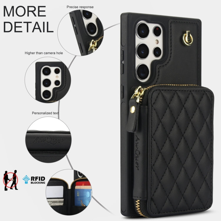 For Samsung Galaxy S23 Ultra 5G AwQuer Crossbody Zipper Wallet Rhombic Leather Back Phone Case(Black)