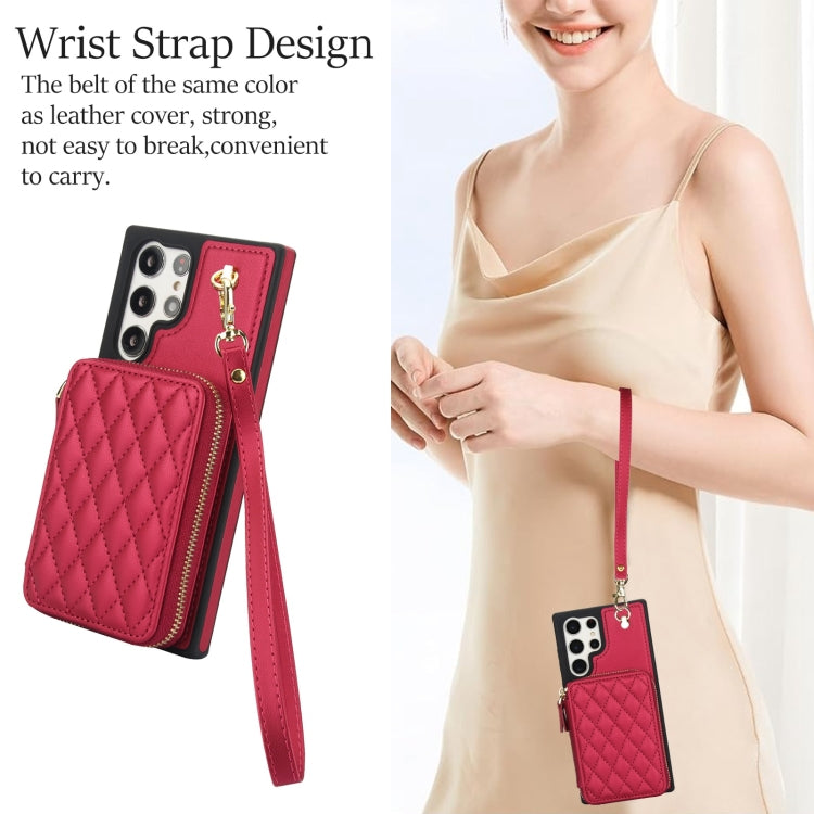 For Samsung Galaxy S23 Ultra 5G AwQuer Crossbody Zipper Wallet Rhombic Leather Back Phone Case(Red)