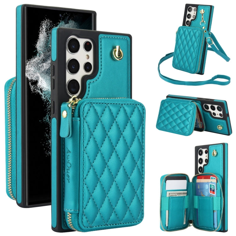 For Samsung Galaxy S23 Ultra 5G AwQuer Crossbody Zipper Wallet Rhombic Leather Back Phone Case(Green)