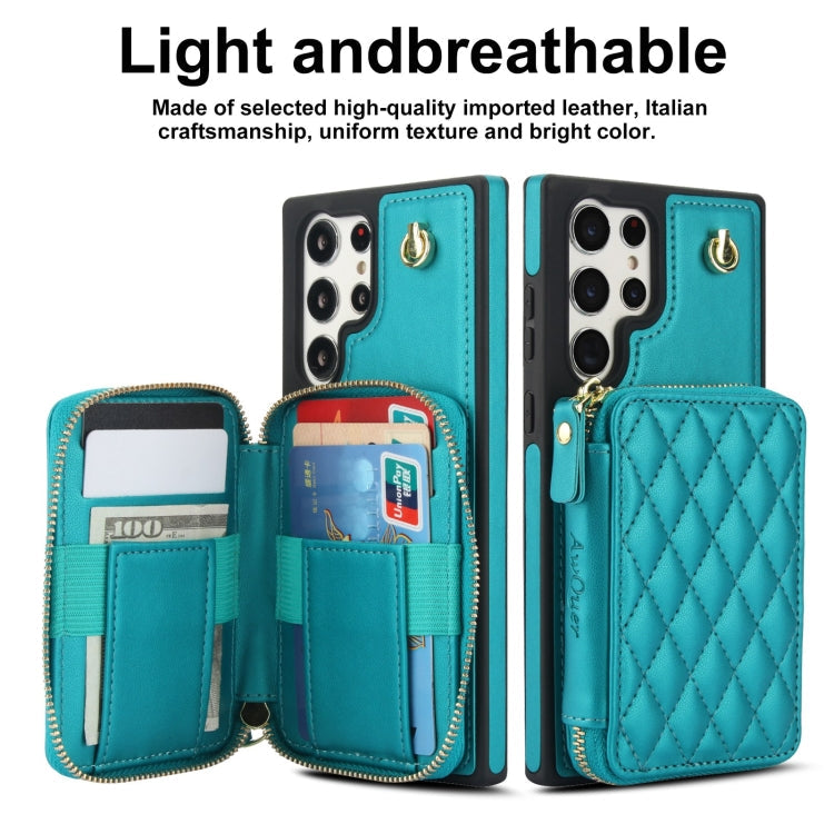 For Samsung Galaxy S23 Ultra 5G AwQuer Crossbody Zipper Wallet Rhombic Leather Back Phone Case(Green)