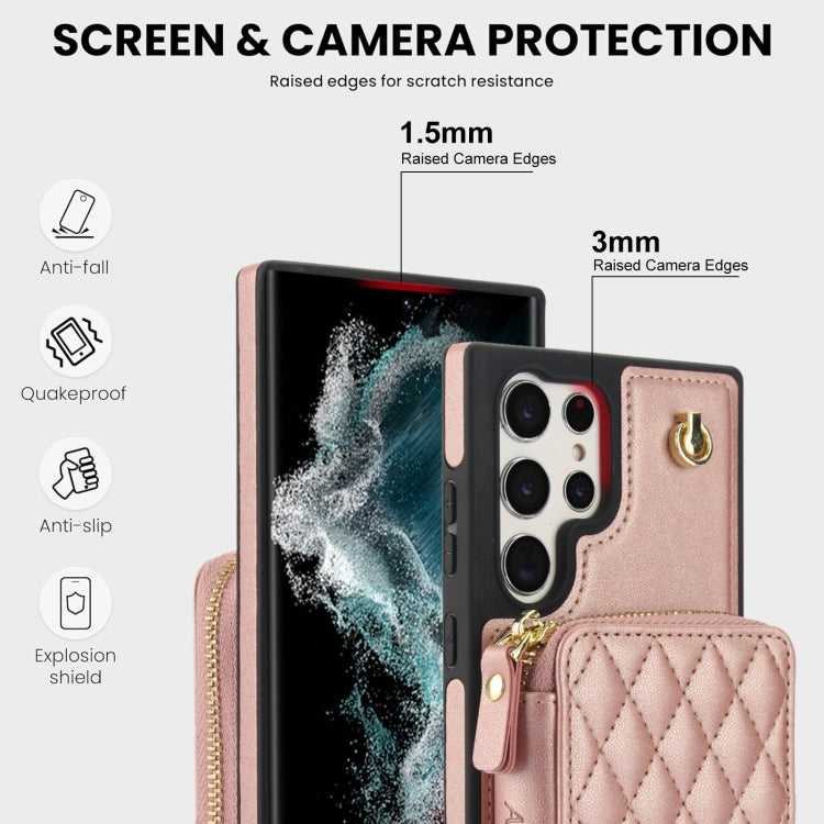For Samsung Galaxy S23 Ultra 5G AwQuer Crossbody Zipper Wallet Rhombic Leather Back Phone Case(Rose Gold)