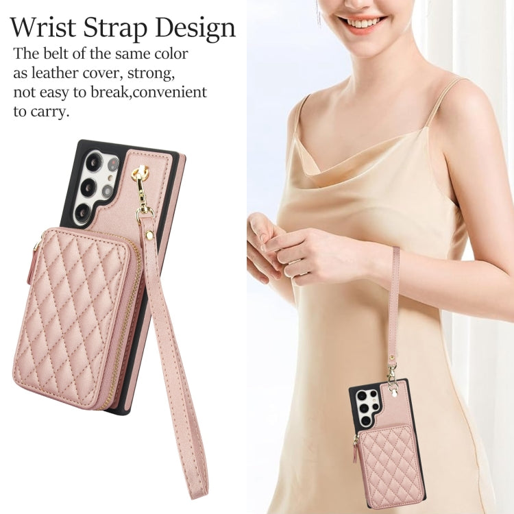 For Samsung Galaxy S23 Ultra 5G AwQuer Crossbody Zipper Wallet Rhombic Leather Back Phone Case(Rose Gold)