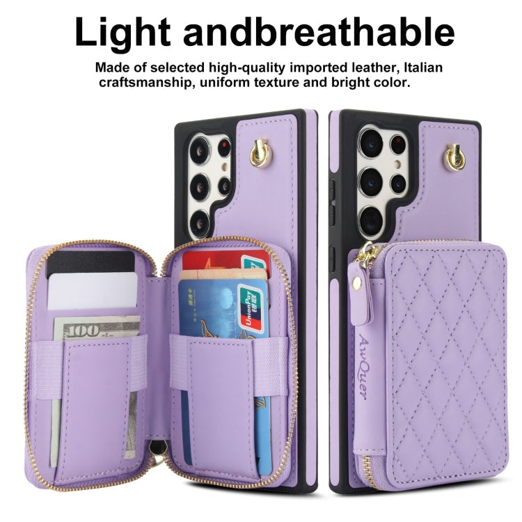 For Samsung Galaxy S23 Ultra 5G AwQuer Crossbody Zipper Wallet Rhombic Leather Back Phone Case(Purple)