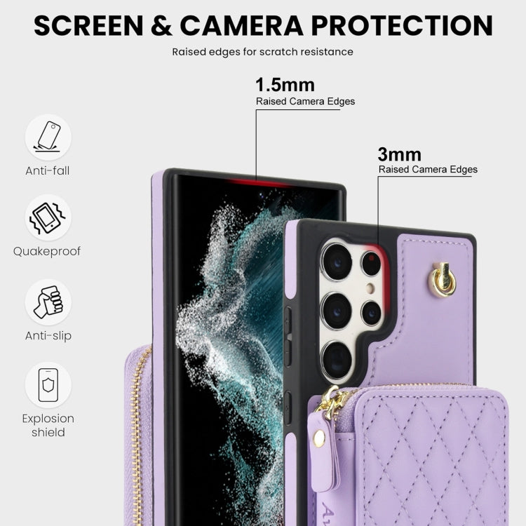 For Samsung Galaxy S23 Ultra 5G AwQuer Crossbody Zipper Wallet Rhombic Leather Back Phone Case(Purple)