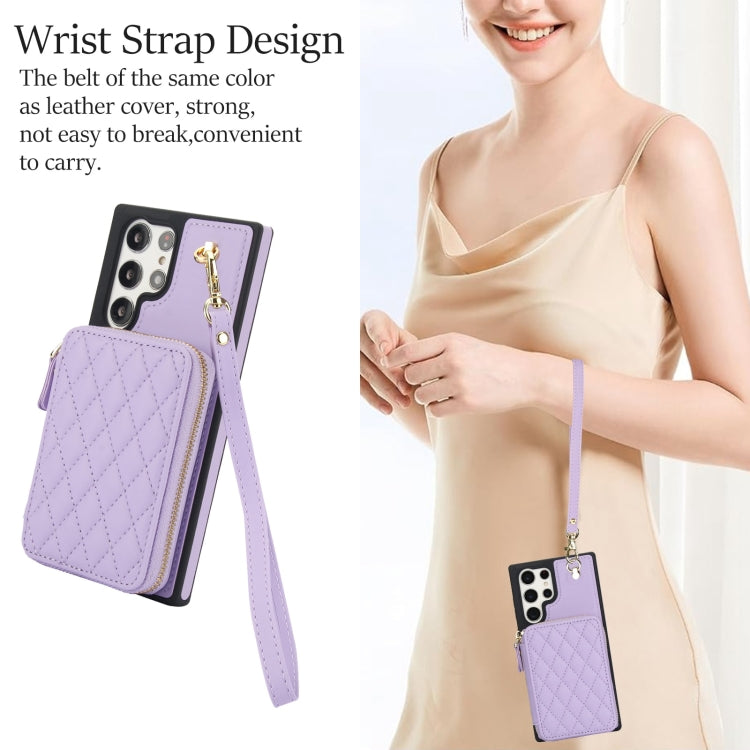 For Samsung Galaxy S23 Ultra 5G AwQuer Crossbody Zipper Wallet Rhombic Leather Back Phone Case(Purple)