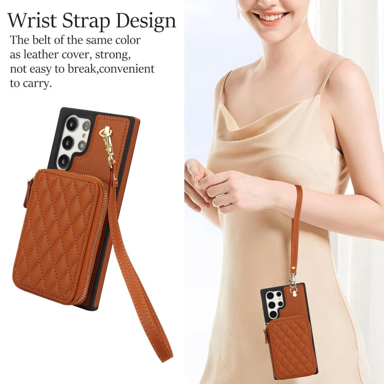 For Samsung Galaxy S23 Ultra 5G AwQuer Crossbody Zipper Wallet Rhombic Leather Back Phone Case(Brown)