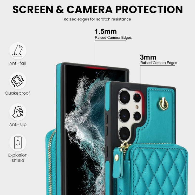 For Samsung Galaxy S22 Ultra 5G AwQuer Crossbody Zipper Wallet Rhombic Leather Back Phone Case(Green)