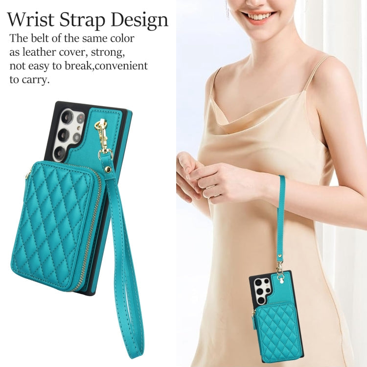 For Samsung Galaxy S22 Ultra 5G AwQuer Crossbody Zipper Wallet Rhombic Leather Back Phone Case(Green)
