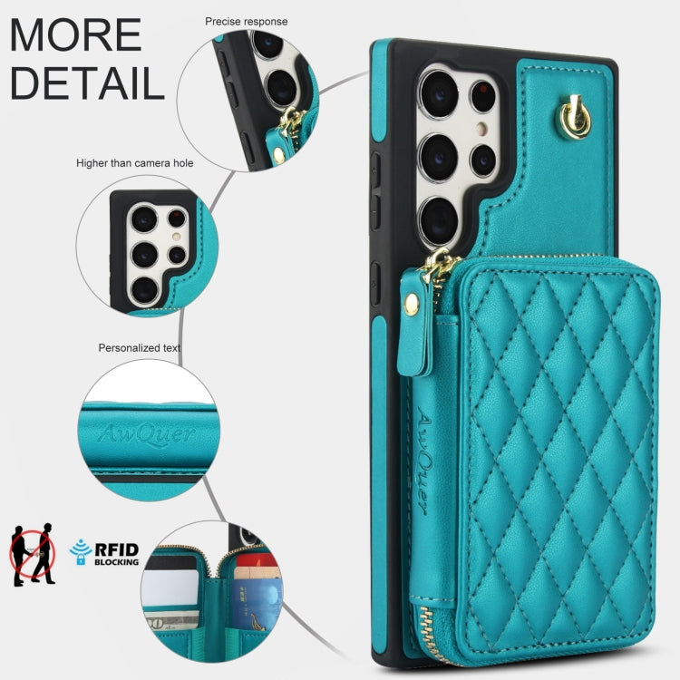 For Samsung Galaxy S22 Ultra 5G AwQuer Crossbody Zipper Wallet Rhombic Leather Back Phone Case(Green)