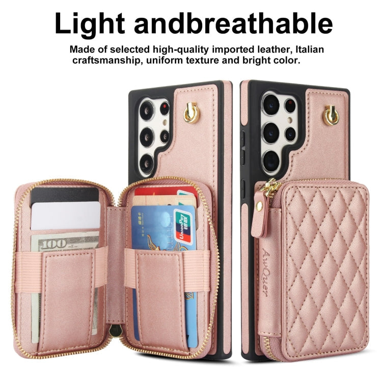 For Samsung Galaxy S22 Ultra 5G AwQuer Crossbody Zipper Wallet Rhombic Leather Back Phone Case(Rose Gold)