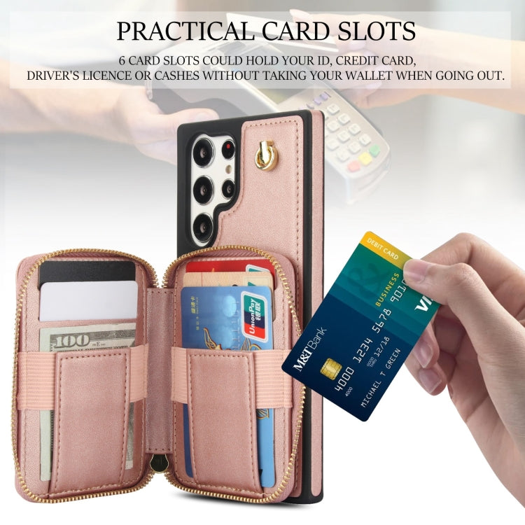 For Samsung Galaxy S22 Ultra 5G AwQuer Crossbody Zipper Wallet Rhombic Leather Back Phone Case(Rose Gold)