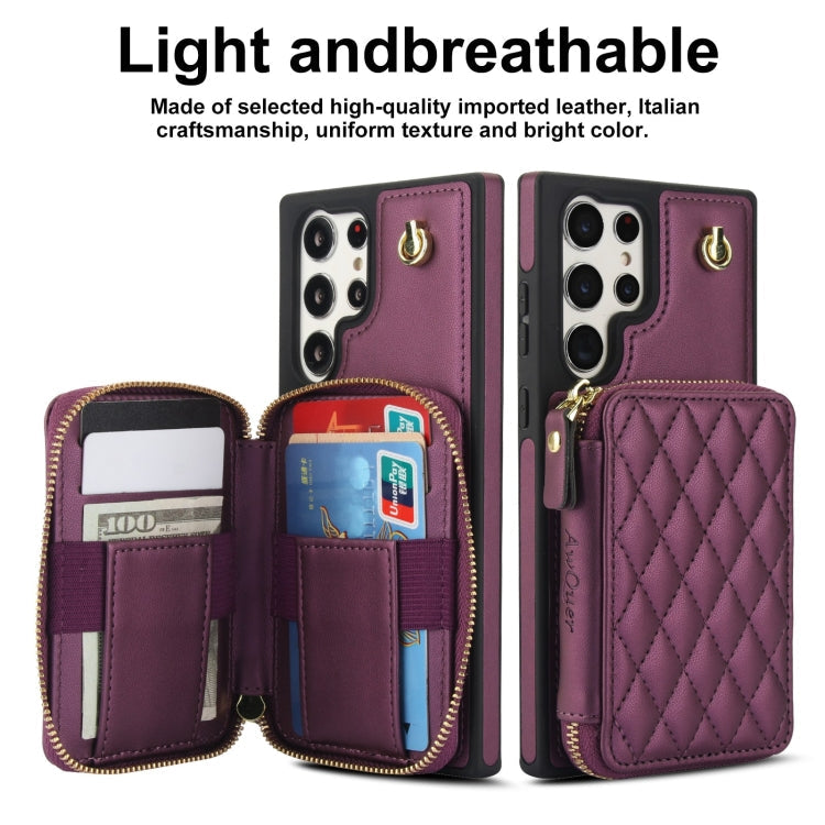 For Samsung Galaxy S22 Ultra 5G AwQuer Crossbody Zipper Wallet Rhombic Leather Back Phone Case(Dark Purple)
