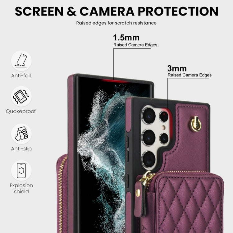 For Samsung Galaxy S22 Ultra 5G AwQuer Crossbody Zipper Wallet Rhombic Leather Back Phone Case(Dark Purple)