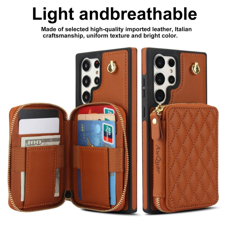 For Samsung Galaxy S22 Ultra 5G AwQuer Crossbody Zipper Wallet Rhombic Leather Back Phone Case(Brown)