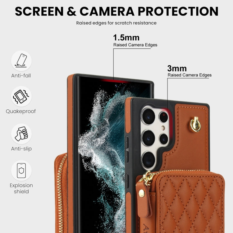 For Samsung Galaxy S22 Ultra 5G AwQuer Crossbody Zipper Wallet Rhombic Leather Back Phone Case(Brown)