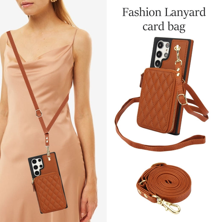 For Samsung Galaxy S22 Ultra 5G AwQuer Crossbody Zipper Wallet Rhombic Leather Back Phone Case(Brown)