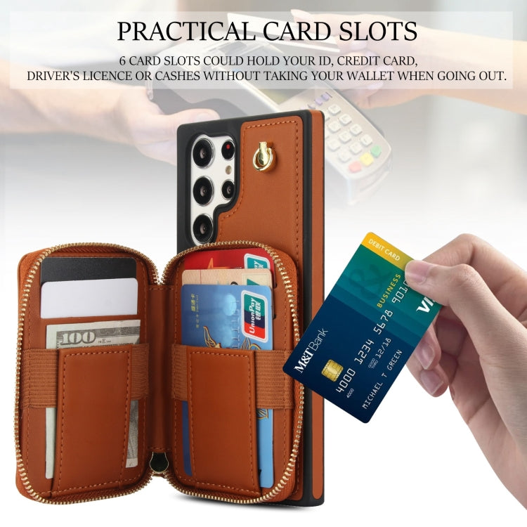 For Samsung Galaxy S22 Ultra 5G AwQuer Crossbody Zipper Wallet Rhombic Leather Back Phone Case(Brown)