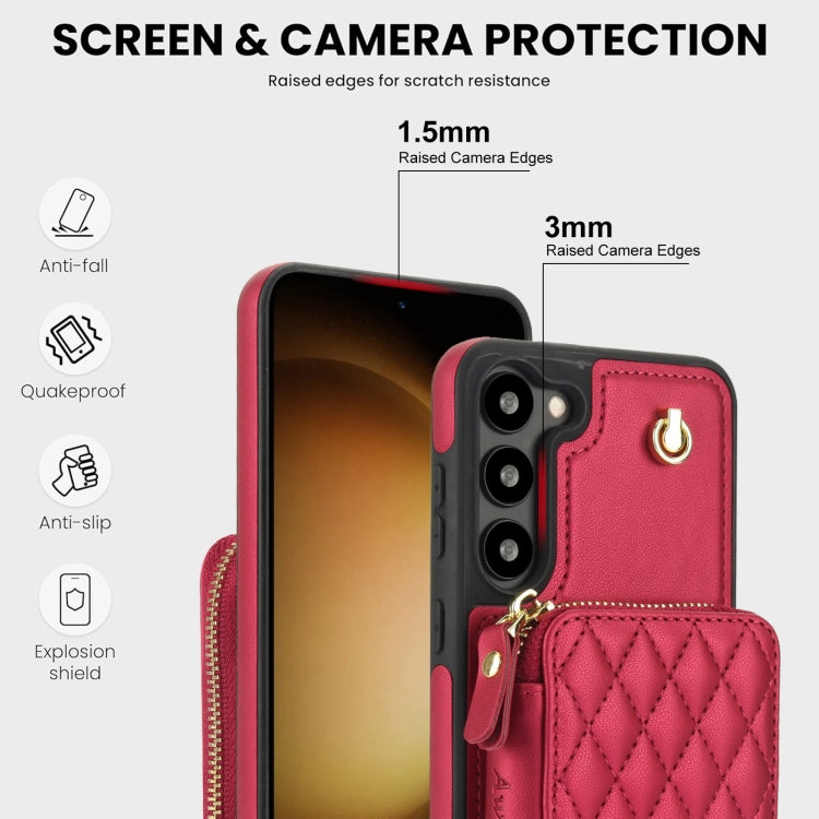For Samsung Galaxy S23 5G AwQuer Crossbody Zipper Wallet Rhombic Leather Back Phone Case(Red)