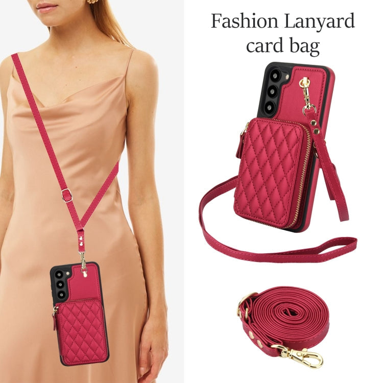 For Samsung Galaxy S23 5G AwQuer Crossbody Zipper Wallet Rhombic Leather Back Phone Case(Red)