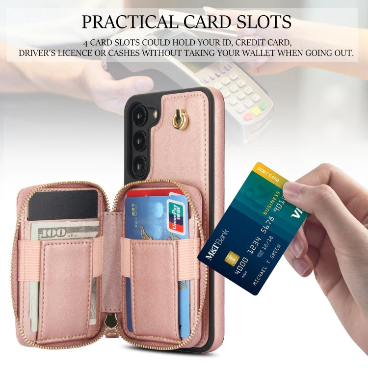 For Samsung Galaxy S23 5G AwQuer Crossbody Zipper Wallet Rhombic Leather Back Phone Case(Rose Gold)