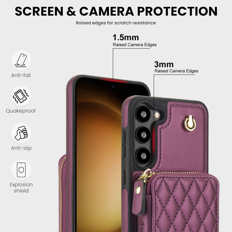 For Samsung Galaxy S23 5G AwQuer Crossbody Zipper Wallet Rhombic Leather Back Phone Case(Dark Purple)