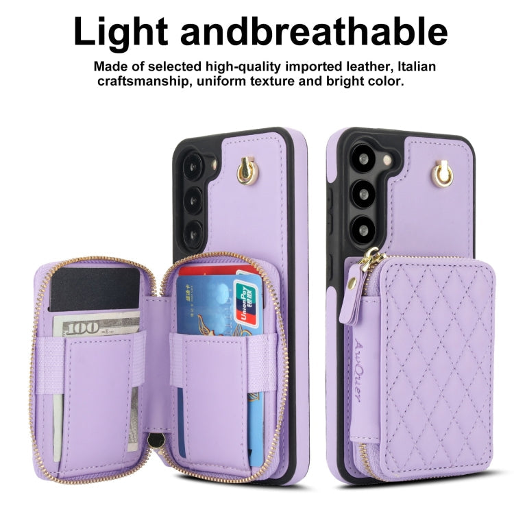 For Samsung Galaxy S23 5G AwQuer Crossbody Zipper Wallet Rhombic Leather Back Phone Case(Purple)