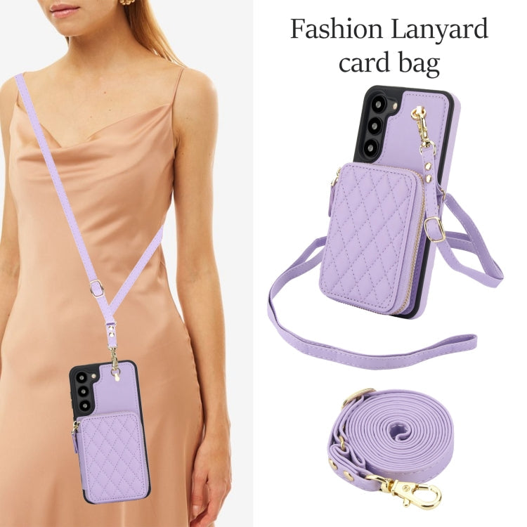 For Samsung Galaxy S23 5G AwQuer Crossbody Zipper Wallet Rhombic Leather Back Phone Case(Purple)
