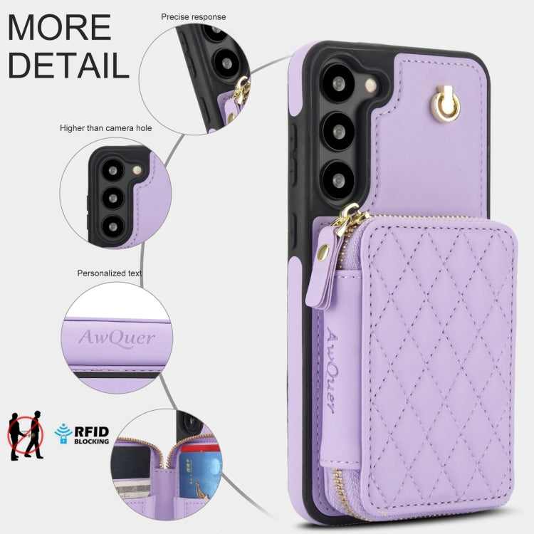 For Samsung Galaxy S23 5G AwQuer Crossbody Zipper Wallet Rhombic Leather Back Phone Case(Purple)