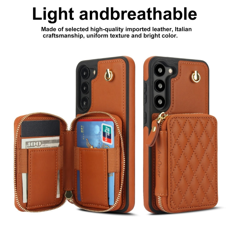 For Samsung Galaxy S23 5G AwQuer Crossbody Zipper Wallet Rhombic Leather Back Phone Case(Brown)