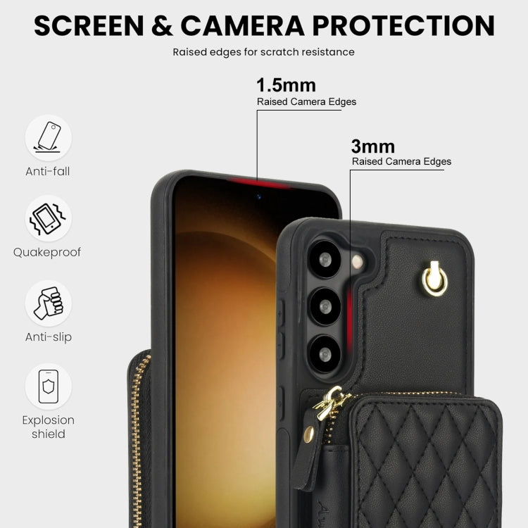 For Samsung Galaxy S23+ 5G AwQuer Crossbody Zipper Wallet Rhombic Leather Back Phone Case(Black)