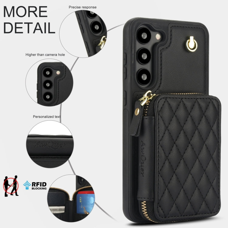 For Samsung Galaxy S23+ 5G AwQuer Crossbody Zipper Wallet Rhombic Leather Back Phone Case(Black)