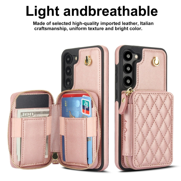 For Samsung Galaxy S23+ 5G AwQuer Crossbody Zipper Wallet Rhombic Leather Back Phone Case(Rose Gold)
