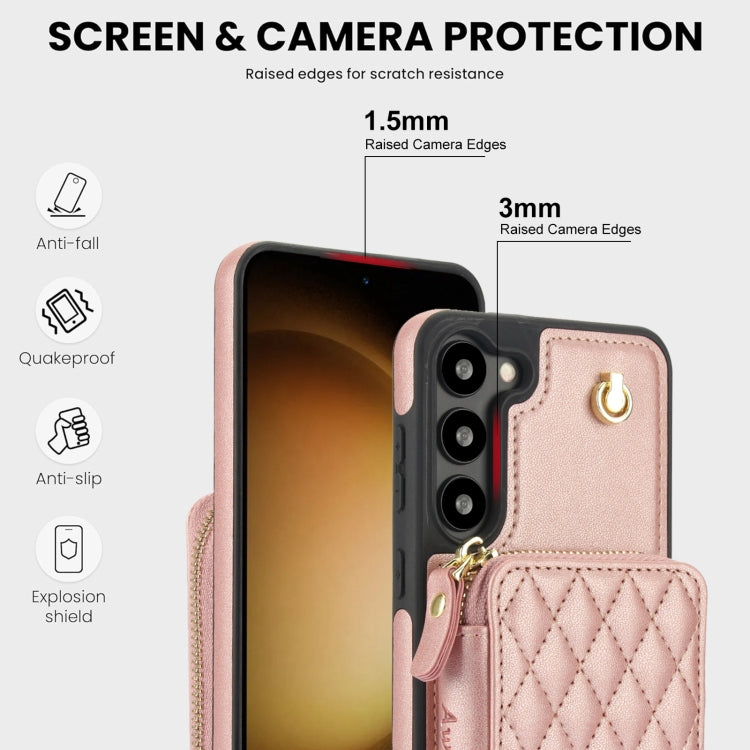 For Samsung Galaxy S23+ 5G AwQuer Crossbody Zipper Wallet Rhombic Leather Back Phone Case(Rose Gold)