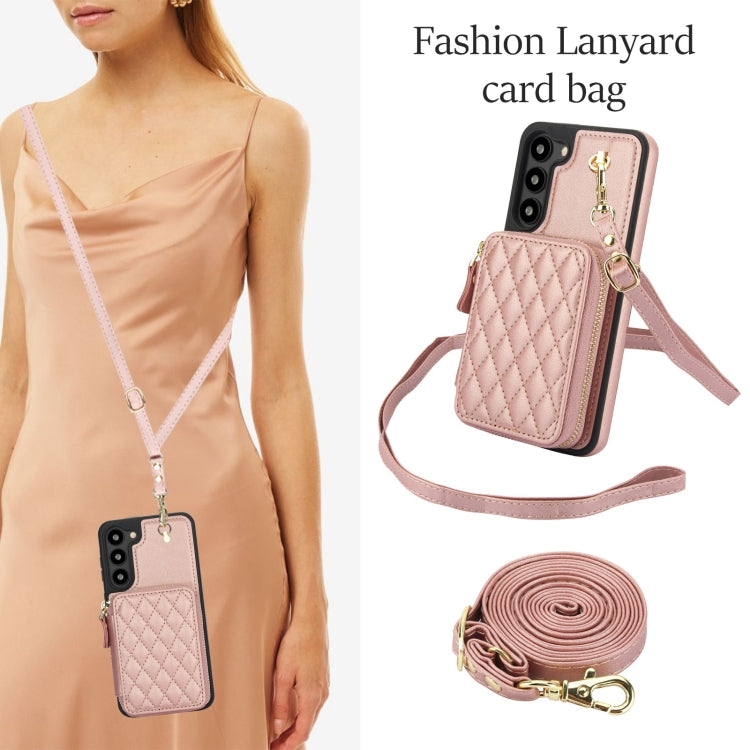 For Samsung Galaxy S23+ 5G AwQuer Crossbody Zipper Wallet Rhombic Leather Back Phone Case(Rose Gold)