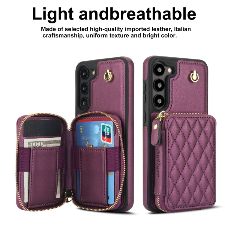 For Samsung Galaxy S23+ 5G AwQuer Crossbody Zipper Wallet Rhombic Leather Back Phone Case(Dark Purple)