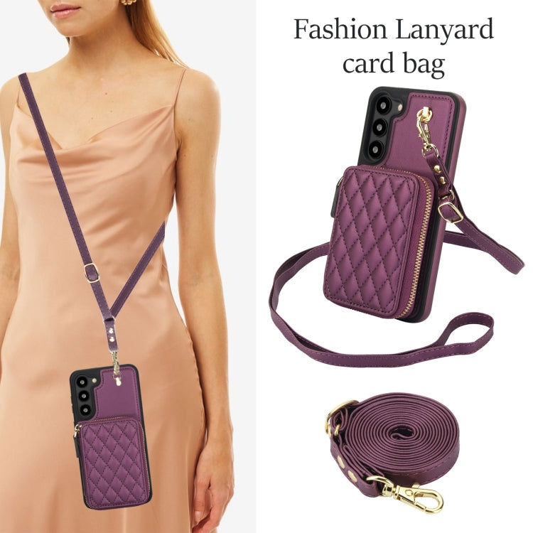 For Samsung Galaxy S23+ 5G AwQuer Crossbody Zipper Wallet Rhombic Leather Back Phone Case(Dark Purple)